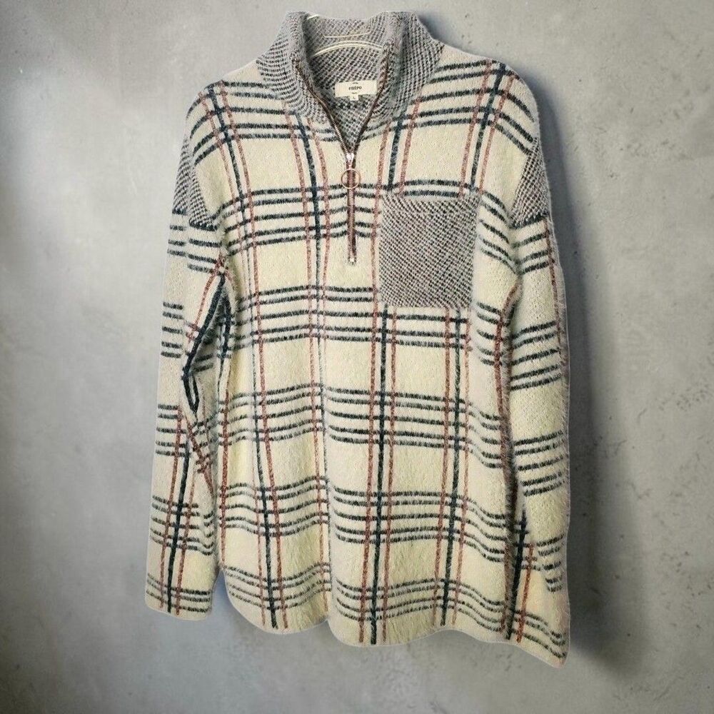 Entro Anthropologie Blanket Plaid Sweater Womens Large 1/4 Zip Cottagecore